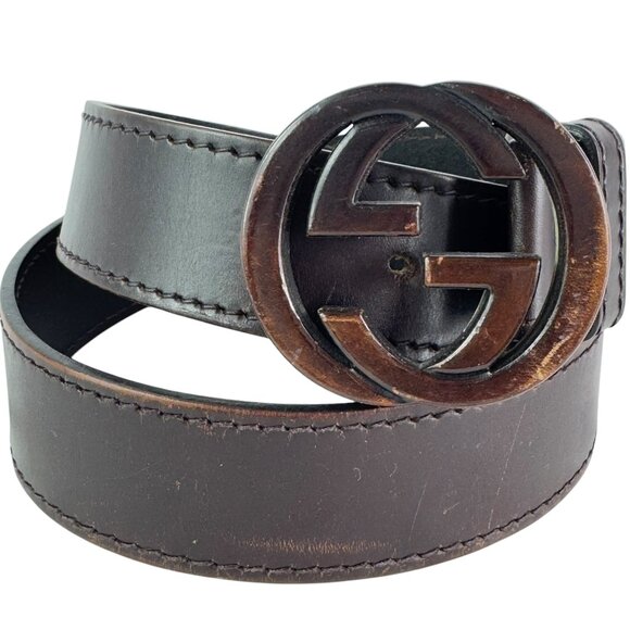 GUCCI Brown Leather GG Wood Interlocking Buckle Men's Belt Made in Italy 90-36